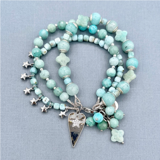 Amazonite and Larimar 3 Row Star Bracelet