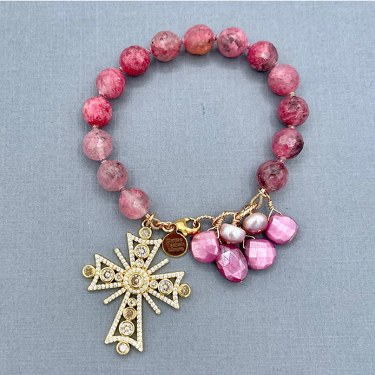 Rhodonite In Quartz Cross Bracelet