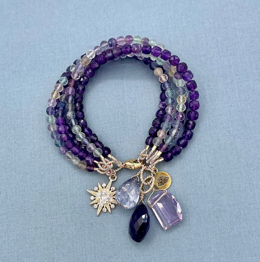 Rainbow Fluorite and Amethyst 5 Row Bracelet