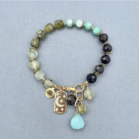 Prehnite, Green Garnet, Amazonite and Iolite Bracelet