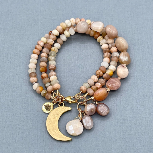 Peach Moonstone Moon 3-Row Bracelet